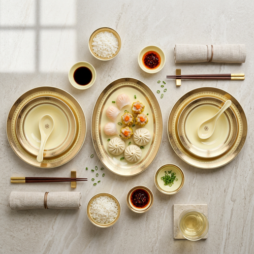 Imperial Soft Cream & Textured Gold Rim Dinnerware Set 35 Pcs