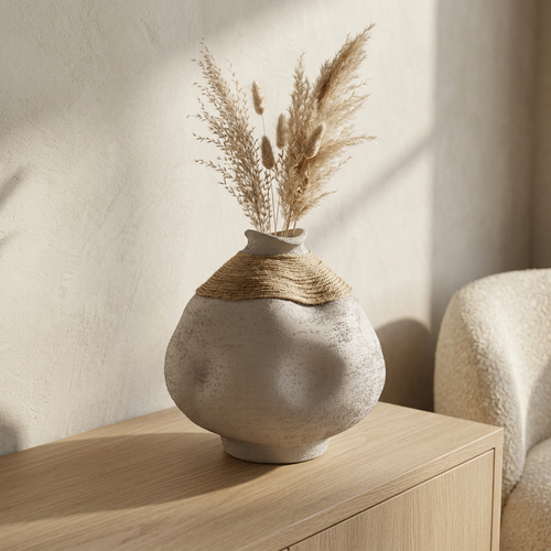 Matte Grey Vase with Jute Detail