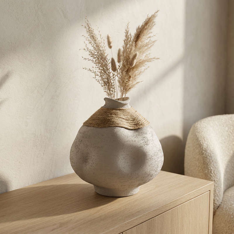 Matte Grey Vase with Jute Detail
