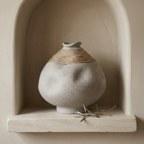 Matte Grey Vase with Jute Detail