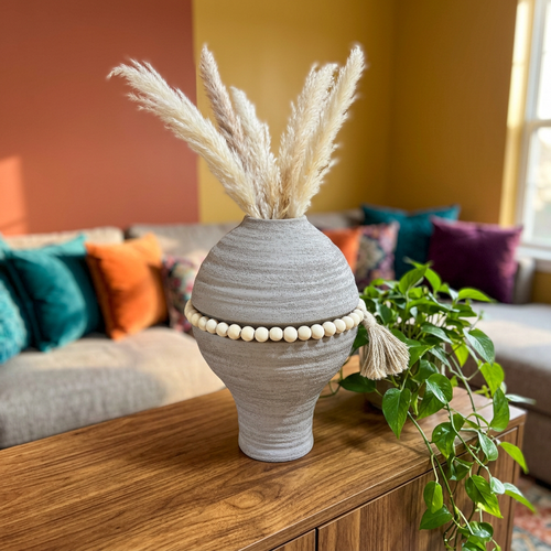 Stone Grey Textured Vase with Wooden Bead Garland
