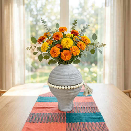 Stone Grey Textured Vase with Wooden Bead Garland