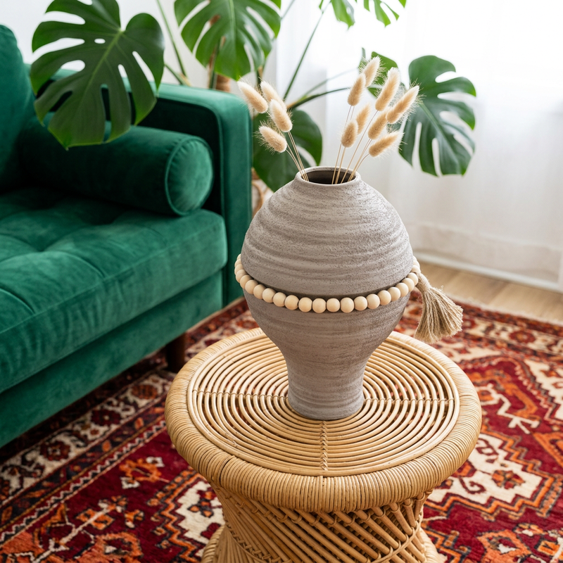 Stone Grey Textured Vase with Wooden Bead Garland