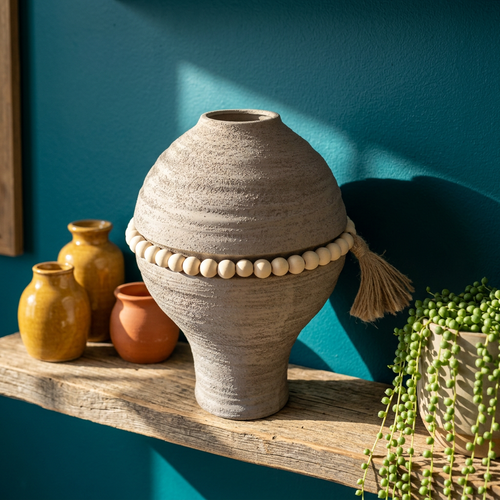 Stone Grey Textured Vase with Wooden Bead Garland