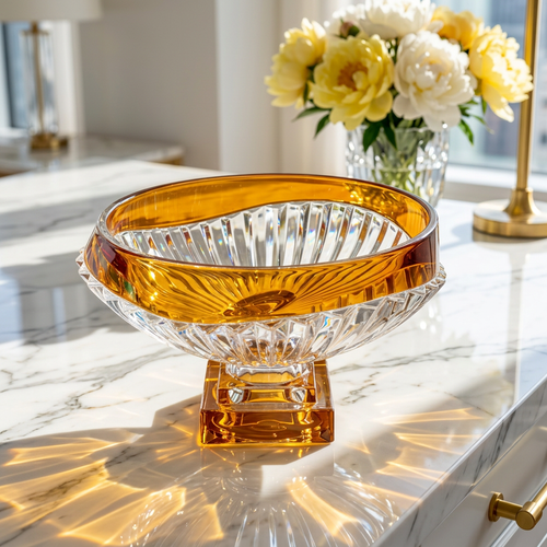 Elegant Amber & Cut Crystal Oval Dish Bowl