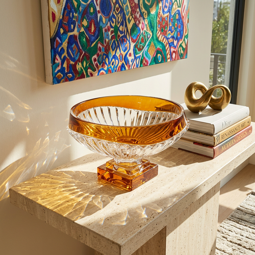 Elegant Amber & Cut Crystal Oval Dish Bowl