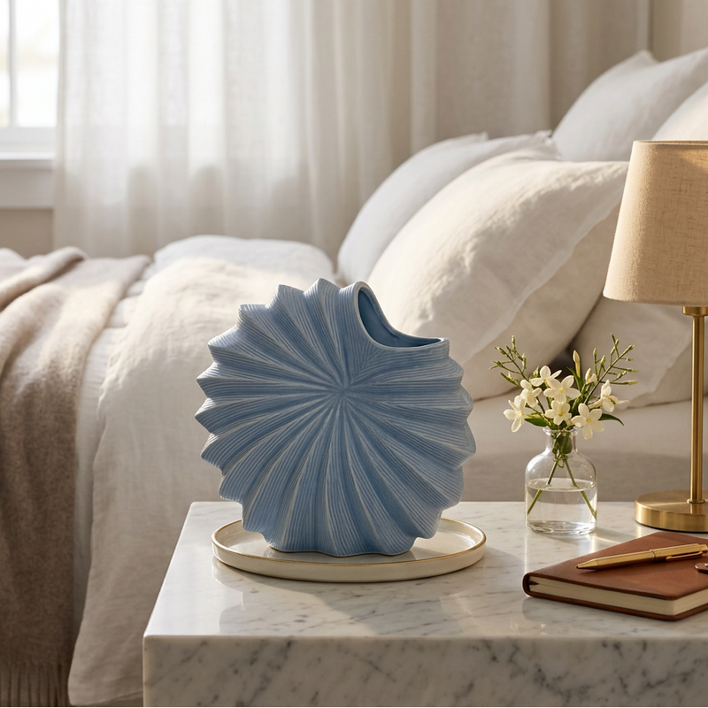Elegant Blue Sunburst Ribbed Vase