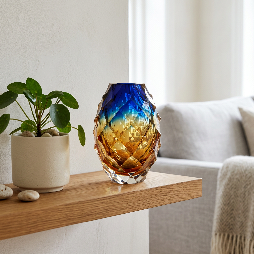 Luxury Cobalt & Amber Geometric Crystal Vessel