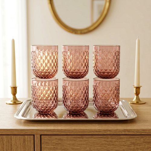 Smoky Rose Diamond Cut Glass Set 6 Piece (250 ML)