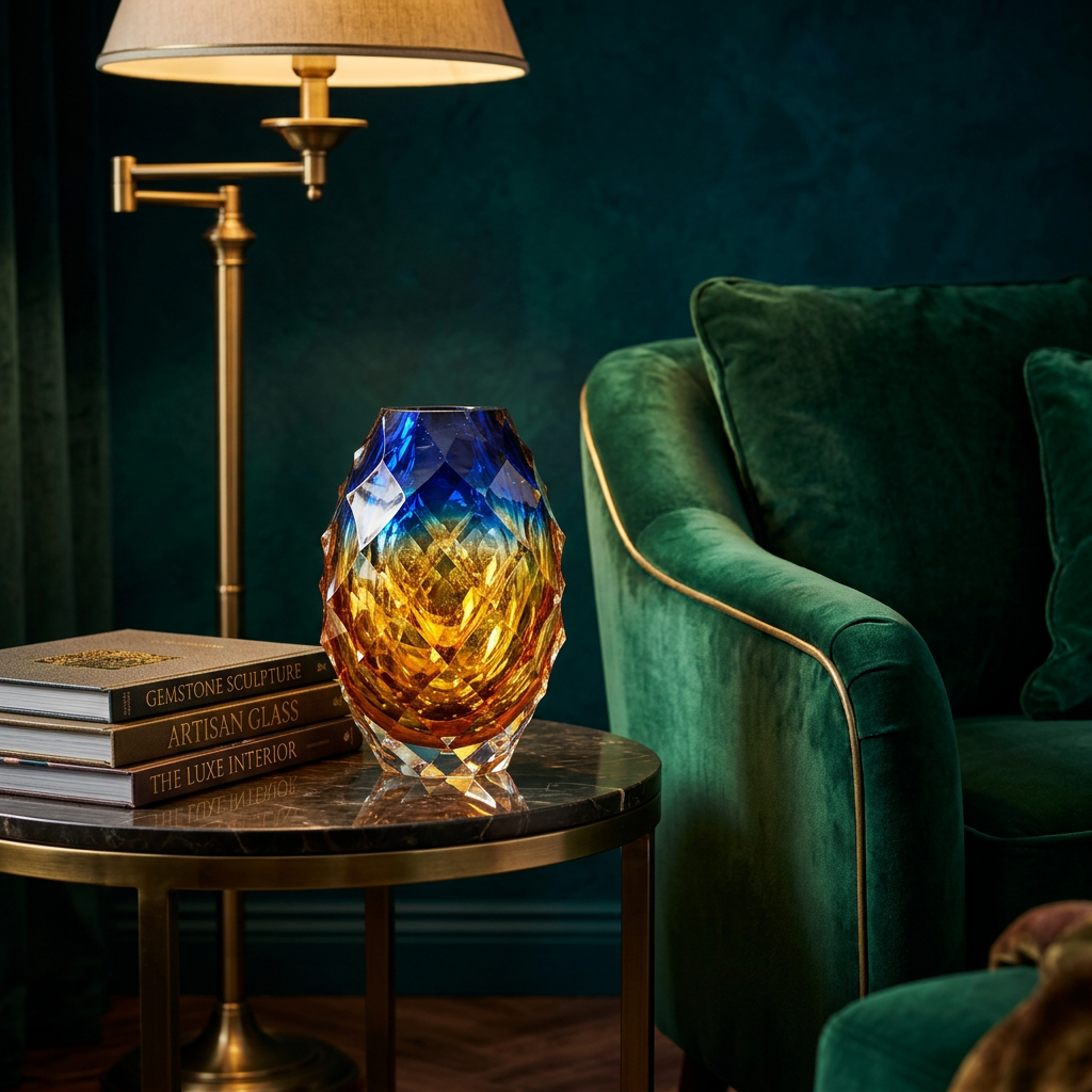 Luxury Cobalt & Amber Geometric Crystal Vessel