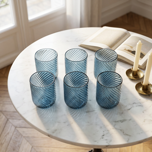 Elegant Ocean Blue Spiral Swirl Glass Set 6 Piece (250 ML)