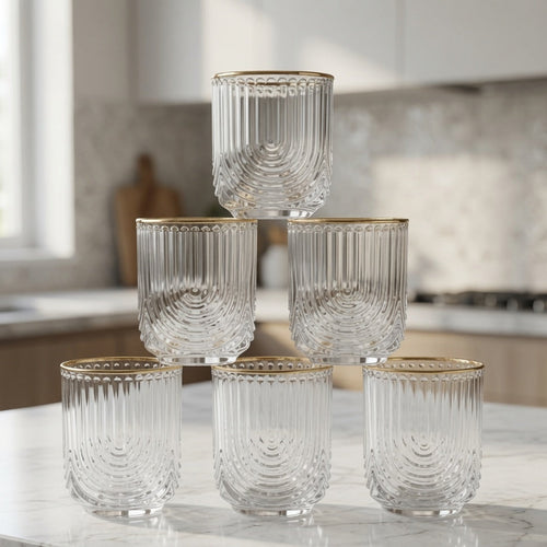 Ribbed Glass Tumblers with Gold Rims Set of 6
