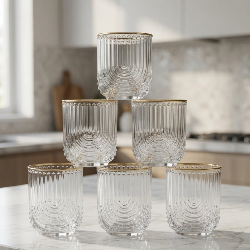 Ribbed Glass Tumblers with Gold Rims Set of 6