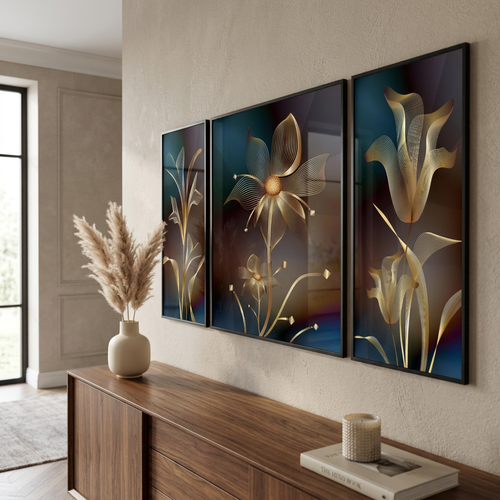 Luxury Golden Line Floral Wall Art Set of 3