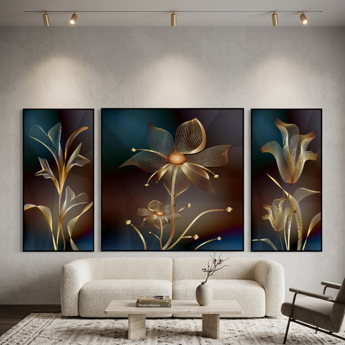 Luxury Golden Line Floral Wall Art Set of 3