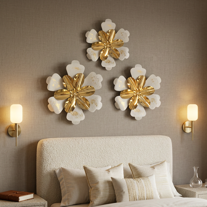 Luxury Gold & Textured White Floral Wall Mural Set of 3