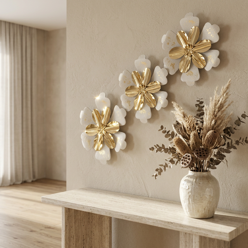 Luxury Gold & Textured White Floral Wall Mural Set of 3