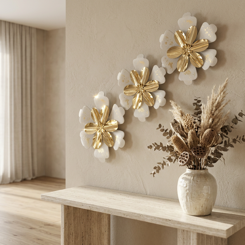 Luxury Gold & Textured White Floral Wall Mural Set of 3