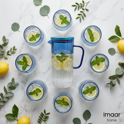 Dual-Tone Blue Clear Glassware Serving Set with Lid 7 Piece