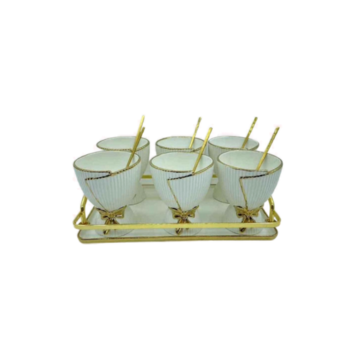 6-Piece Ceramic Dessert Bowl Set with Gold Tray & Spoons