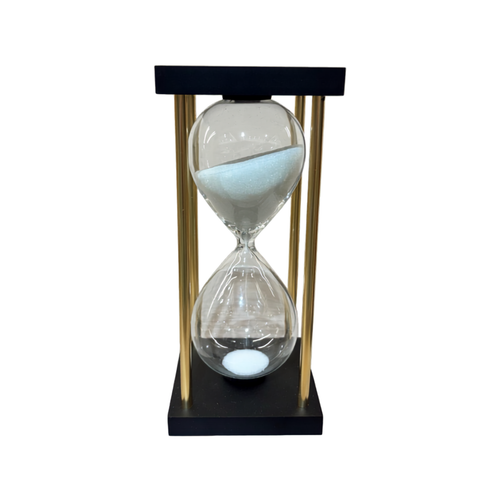 Modern Brass & Black Wood Hourglass Sand Timer – White Sand