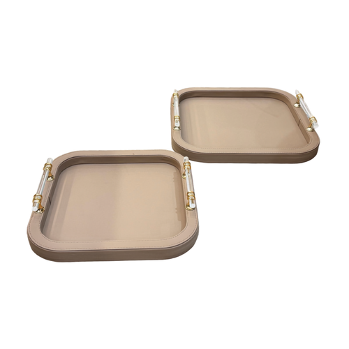 Luxe Faux Leather Decorative Serving Trays with Acrylic & Gold Handles Set of 2