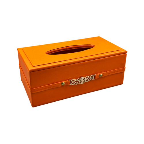 Luxury Burnt Orange Tissue Box Cover with Gold Chain Emblem