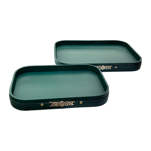 Luxury Emerald Green Faux Leather Decorative Trays with Gold Emblem Set of 2