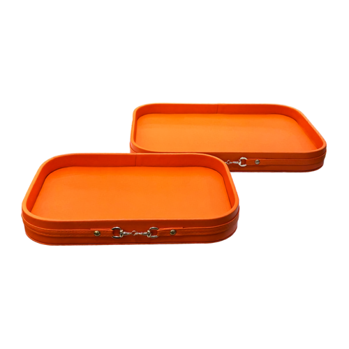 Luxury Burnt Orange Faux Leather Decorative Trays with Metallic Accent Set of 2