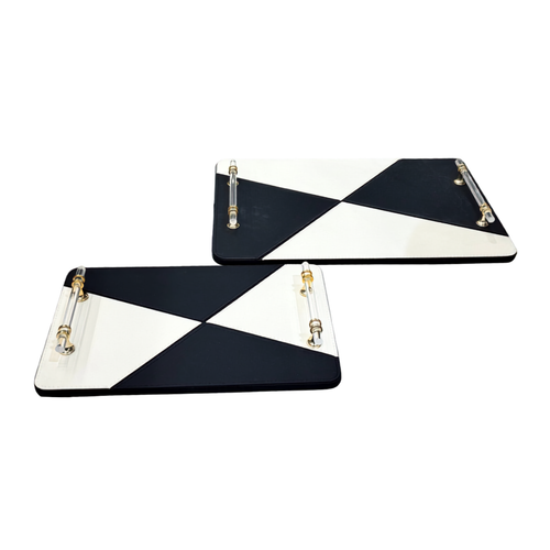 Modern Monochrome Faux Leather Serving Trays with Acrylic & Gold Handles Set of 2