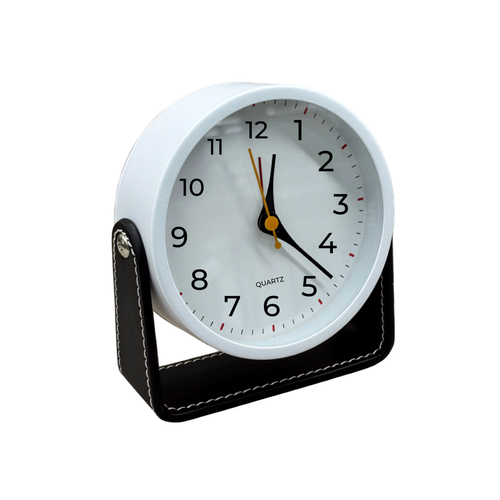 Modern Minimalist Round Tabletop Clock with Stitched Black Leatherette Stand