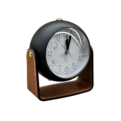 Modern Spherical Desk Clock with Stitched Tan Leatherette Stand – Matte Black