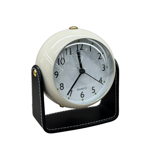 Modern Spherical Desk Clock with Stitched Tan Leatherette Stand – Matte Black