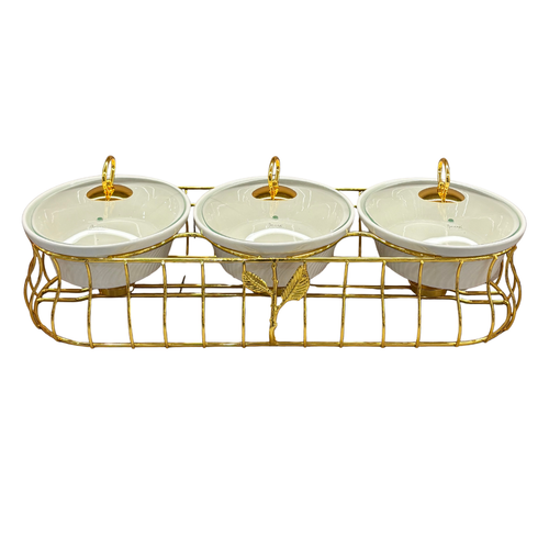 Luxury 3 Bowl Casserole Server Set with Gold Stand & Glass Lids