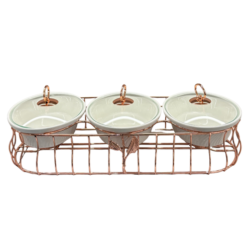Luxury 3 Bowl Casserole Server Set with Gold Stand & Glass Lids