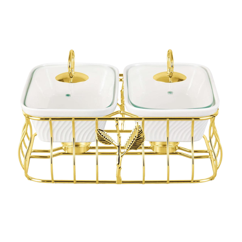 Luxury 2 Bowl Square Casserole Server Set with Glass Lids