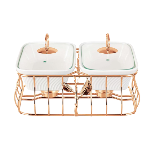 Luxury 2 Bowl Square Casserole Server Set with Glass Lids