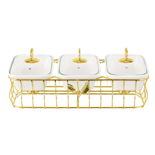 Luxury 3 Bowl Square Casserole Server Set with Glass Lids