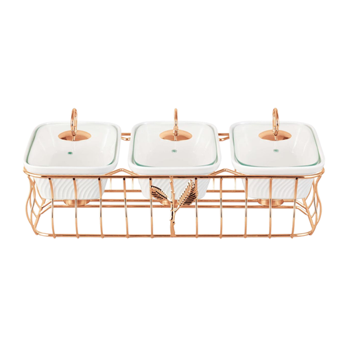 Luxury 3 Bowl Square Casserole Server Set with Glass Lids