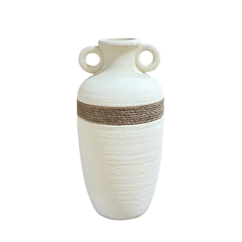 Rustic White Textured Vase with Rope Accent – Modern Decorative Flower Vase