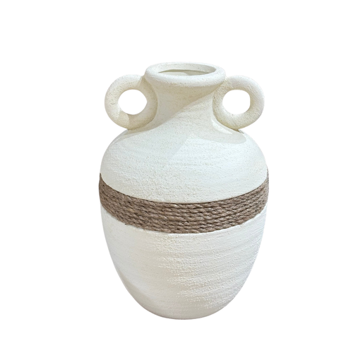 Rustic Round Ceramic Vase with Rope Accent – White Textured Decorative Vase