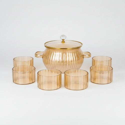 Artisan Fluted Gold-Amber Soup Tureen & 6-Bowl Serving Set