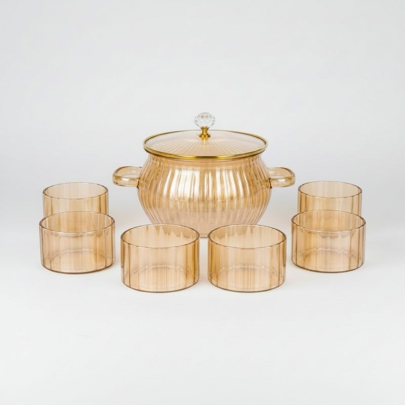 Artisan Fluted Gold-Amber Soup Tureen & 6-Bowl Serving Set