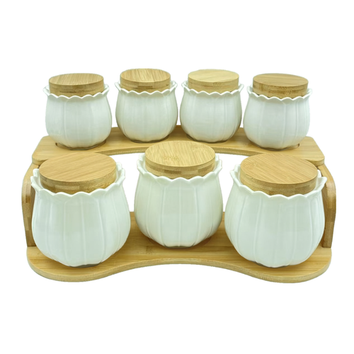 Lotus Fluted Spice & Dry Fruit Jar Set with Tiered Wooden Stand