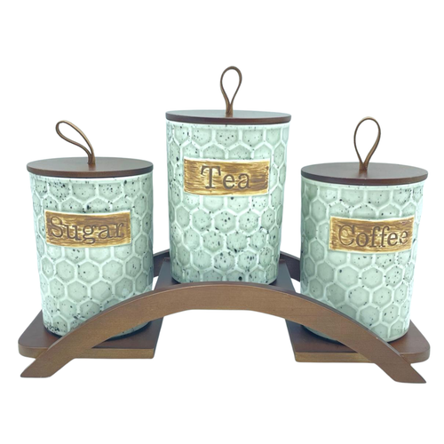 Rustic Honeycomb Tea Coffee Sugar Canister Set with Wooden Stand