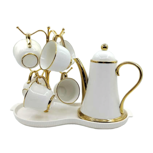 Luxury Tea & Coffee Pot Set with Gold Trim, Mug Tree & Serving Tray (Set of 8)