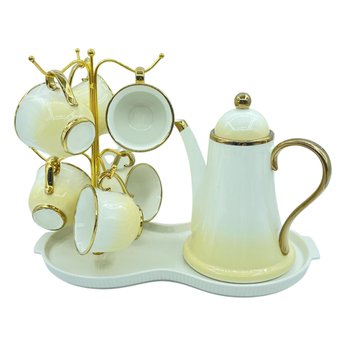 Luxury Yellow & White Teapot Set with Gold Trim, Stand & Serving Tray Set of 8