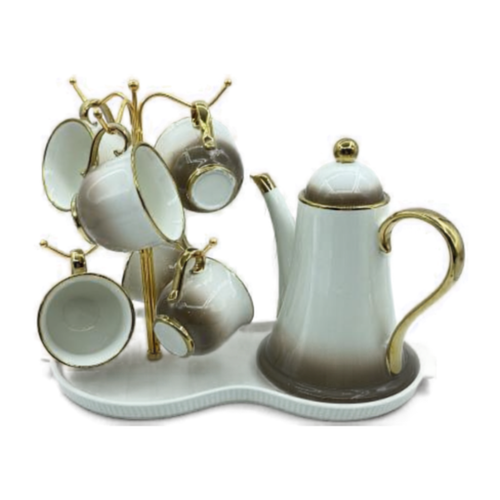 Luxury Taupe Teapot Set with Gold Trim, Stand & Serving Tray (Set of 8)