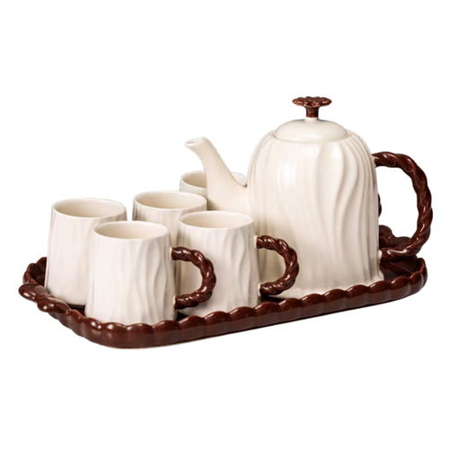 Organic Wood-Grain Textured Tea Set with Braided Handles & Serving Tray