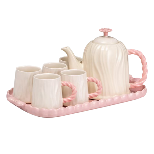 Pastel Pink & Ivory Tea Set with Twisted Handles & Tray Set of 8